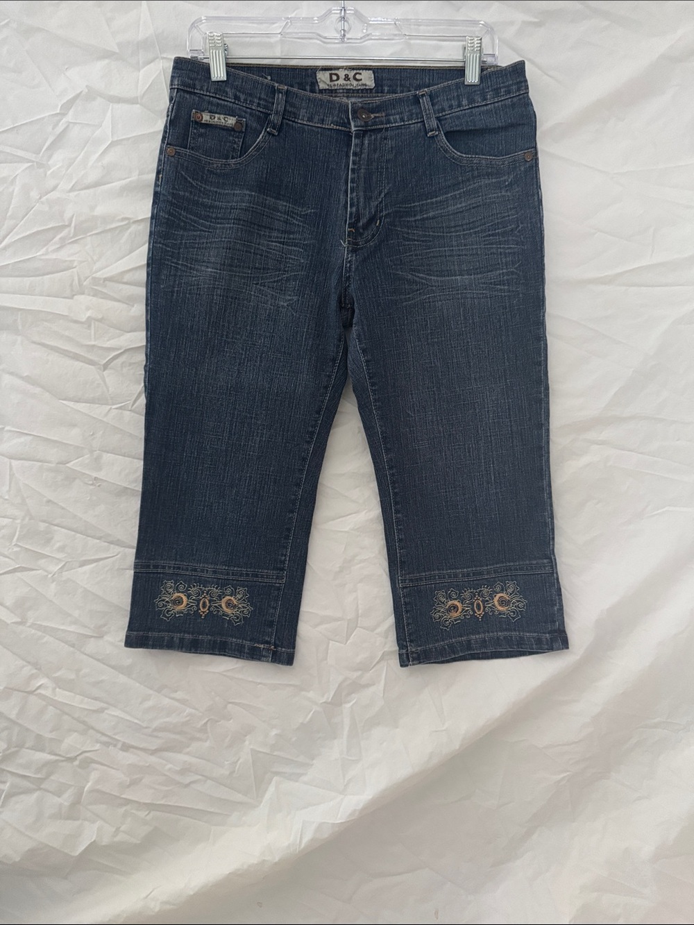 Cottagecore 90’s Women's Dark Blue Low Rise Cropped Embroidered Hem Jeans